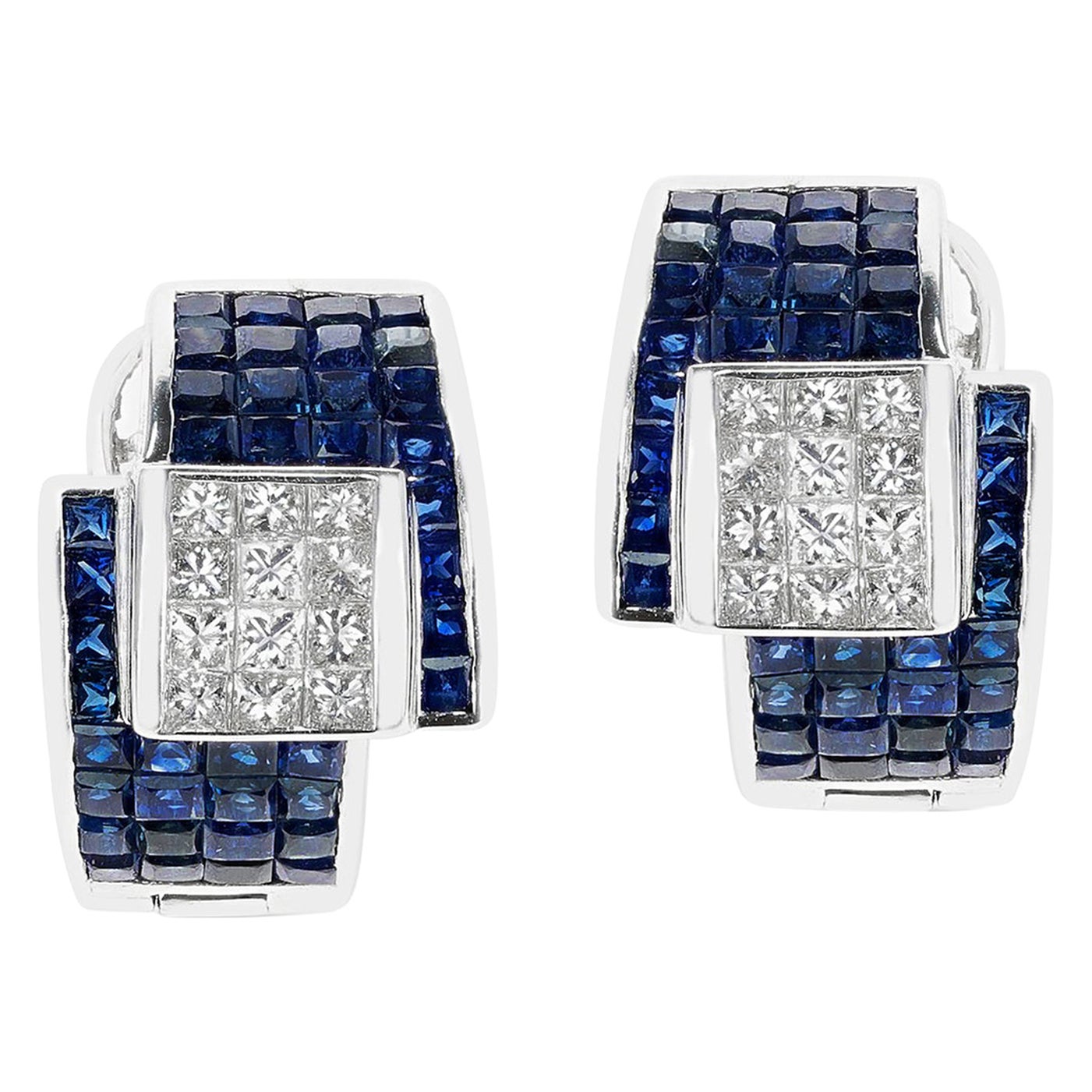 Channel Set Sapphire and Diamond Lever Back Earrings, 18K White Gold