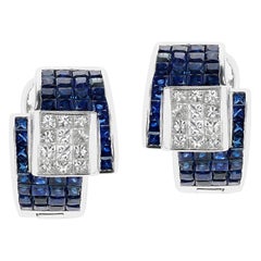 Invisibly Set Sapphire and Diamond Lever Back Earrings, 18K White Gold