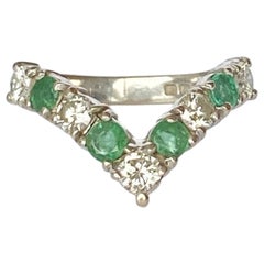 Retro Emerald and Diamond 18 Carat Gold Wishbone Ring