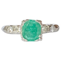 Art Deco Emerald and Diamond 14 Carat White Gold Solitaire Ring