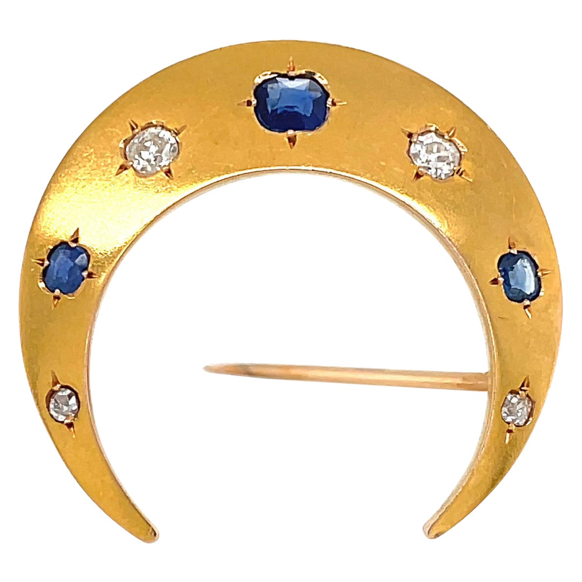 Antique French AGL Sapphire Diamond Crescent Brooch