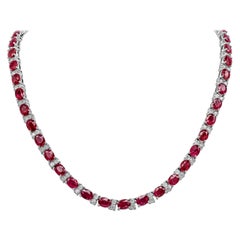 Roman Malakov 43.48 Carats Total Oval Cut Ruby and Diamond Tennis Necklace