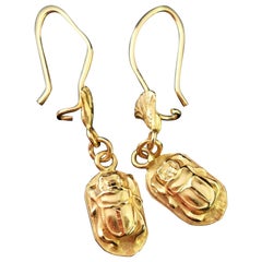 Vintage 18 Karat Yellow Gold Scarab Beetle Earrings, Dangly, Egyptian