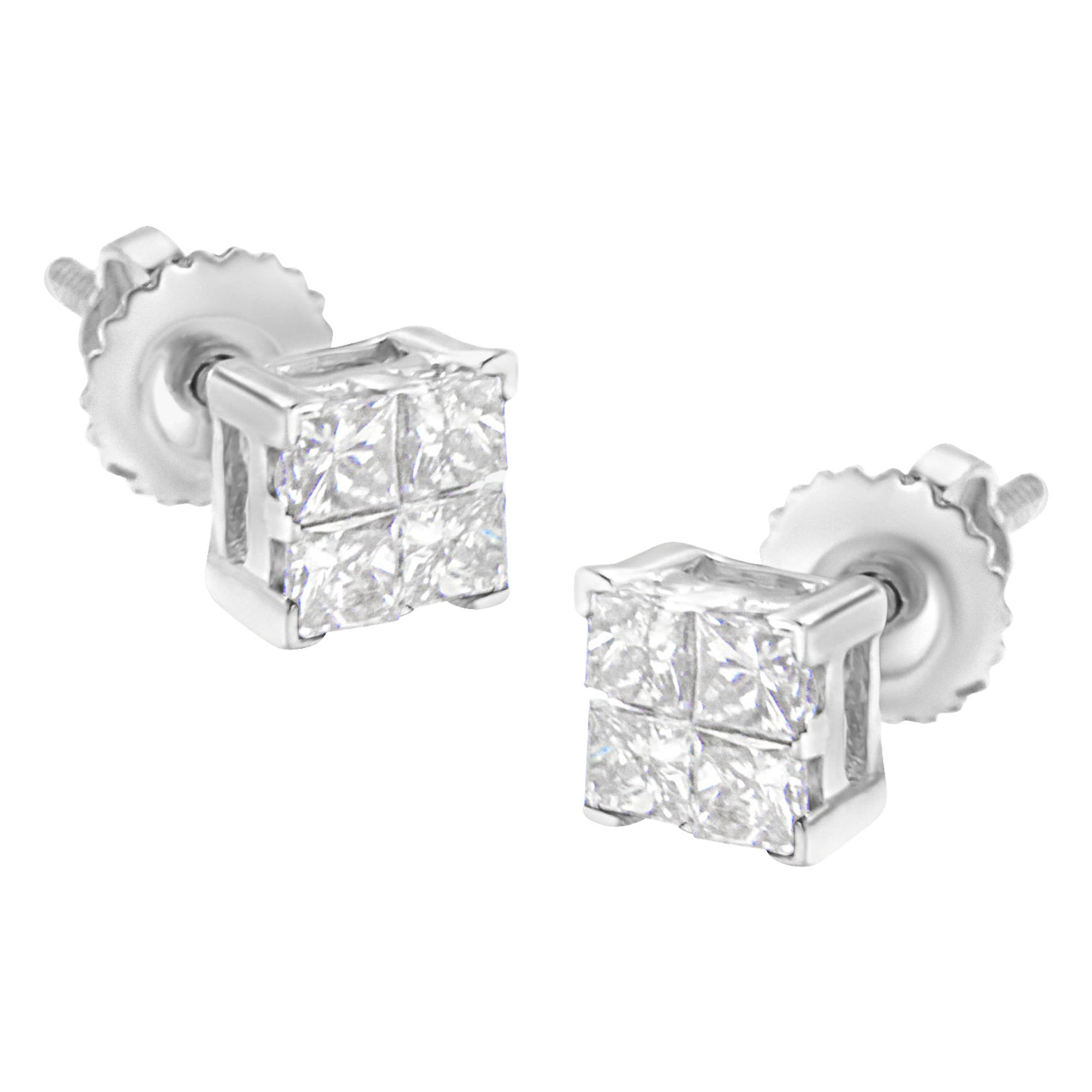 10K White Gold Princess-Cut Diamond 4 Stone Composite Quad Stud Earrings