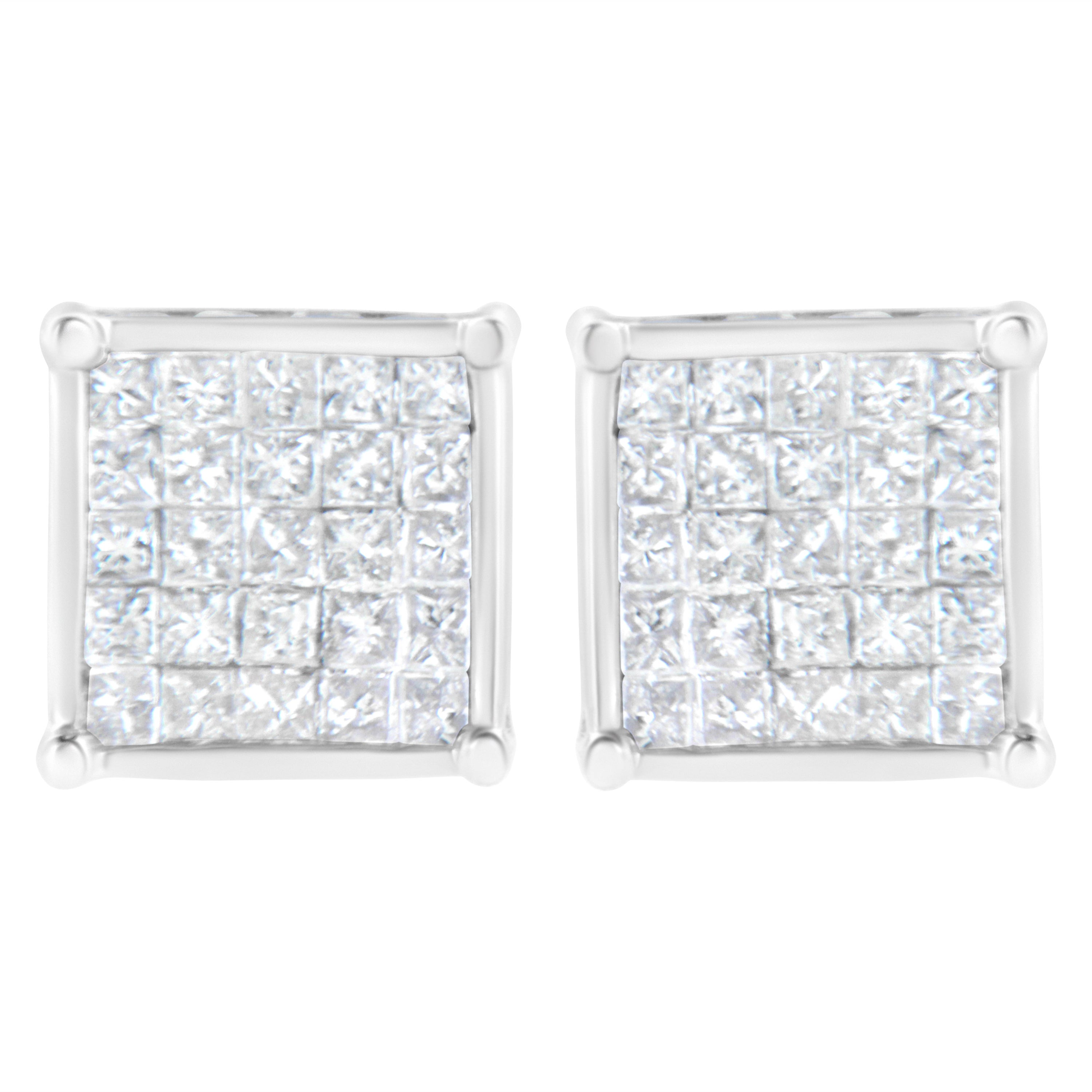 10K White Gold 1 Carat Composite Princess Diamond Stud Earrings For Sale