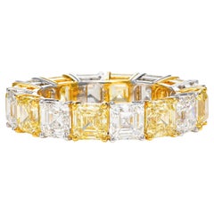 6.84 Carat Yellow and White Diamond Asscher Cut Eternity Band in 18K Gold