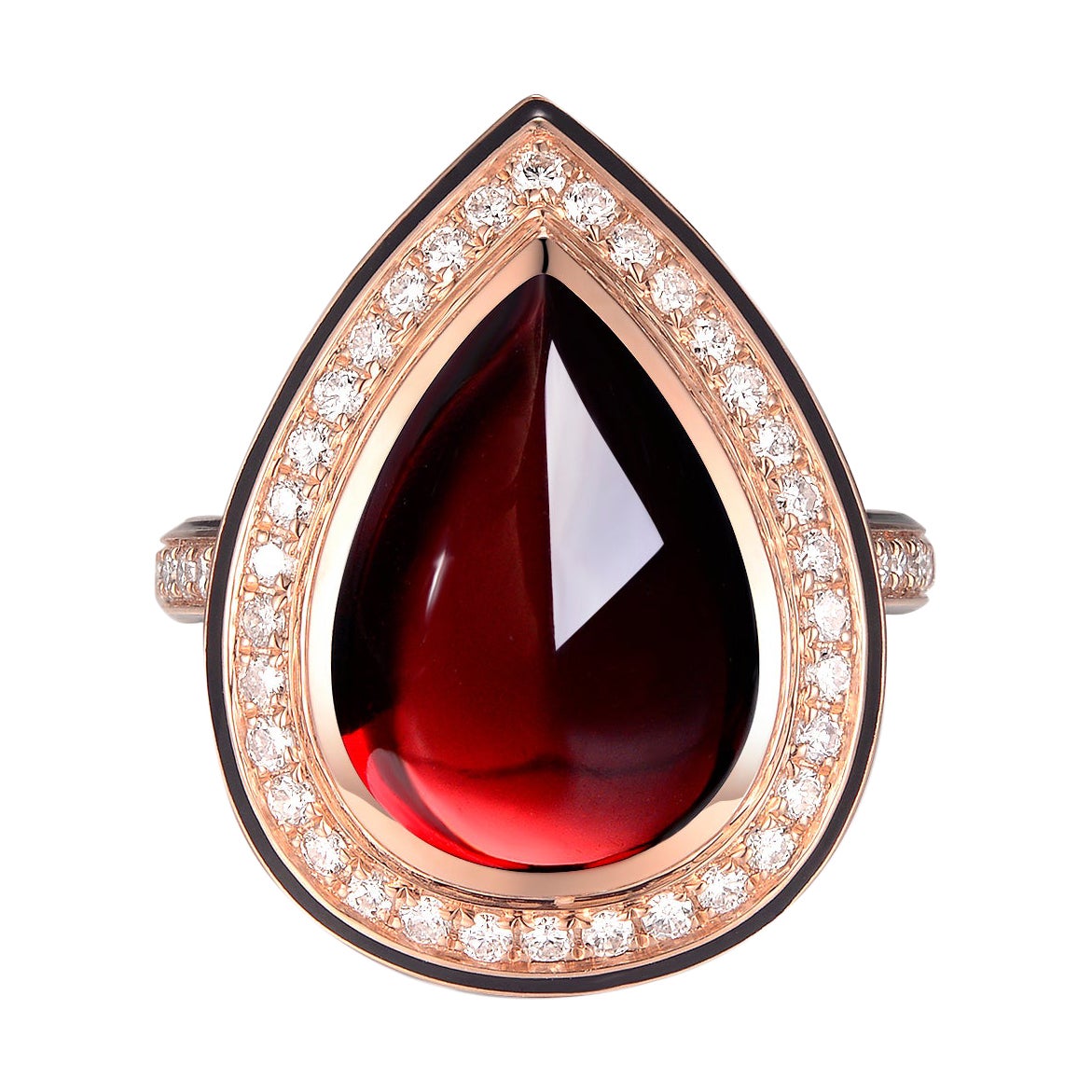 Pear Cabochon Red Garnet Diamond Enamel Ring