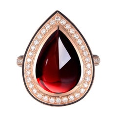 Pear Cabochon Red Garnet Diamond Enamel Ring