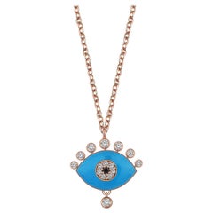 Evil Eye Talisman White & Black Diamond Turquoise Enamel 18K Rose Gold Necklace
