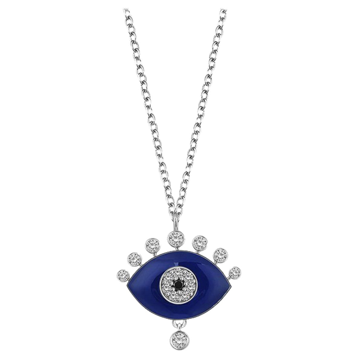 Evil Eye White & Black Diamond Blue Enamel 18 Karat White Gold Necklace Pendant For Sale