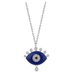 Evil Eye White & Black Diamond Blue Enamel 18 Karat White Gold Necklace Pendant
