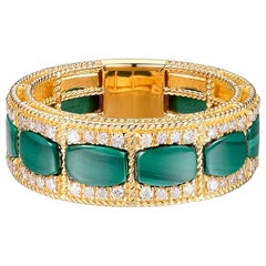 Art Deco Malachite Diamond Band Ring in 14 Karat Yellow Gold