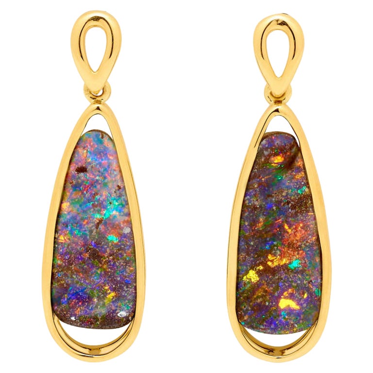 Natural Untreated Australian 10.96ct Boulder Opal Earrings in 18K Yellow Gold