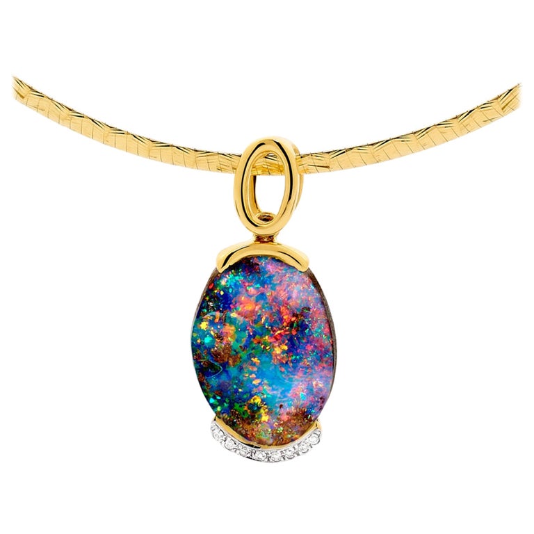 Australian 8.88ct Boulder Opal Pendant Necklace in 18K Yellow Gold with Diamonds For Sale