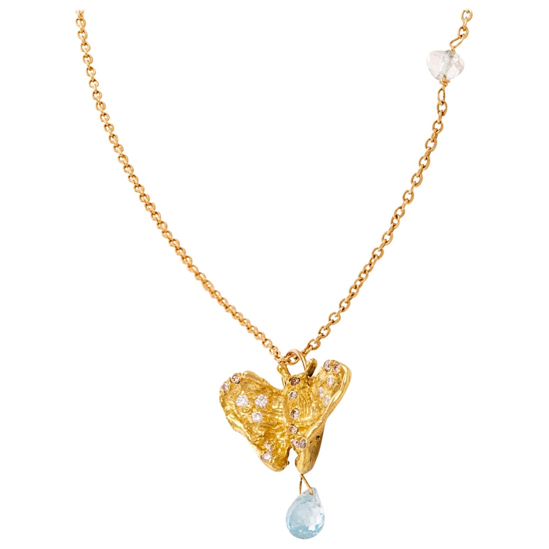 Butterfly Wings 0.80 Carat White Diamond 18K Yellow Gold Aquamarine Necklace