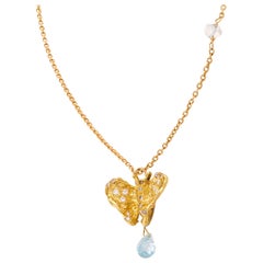 Butterfly Wings 0.80 Carat White Diamond 18K Yellow Gold Aquamarine Necklace