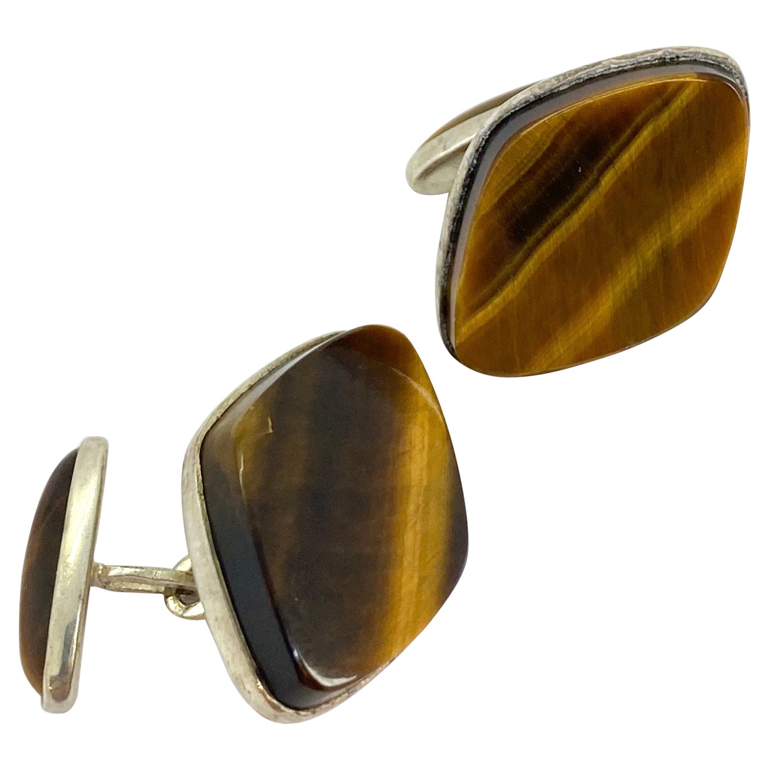 Silver Cufflinks, Finland, Tiger Eye Stone For Sale