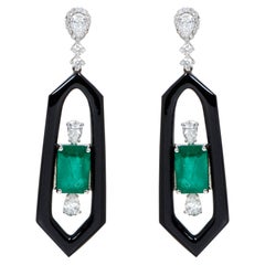 18 Karat White Gold Natural Emerald, Diamond, and Black Onyx Dangle Earrings