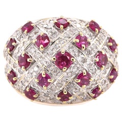 Vintage Natural Ruby and Diamond Cluster Ring Set in 18K Yellow Gold