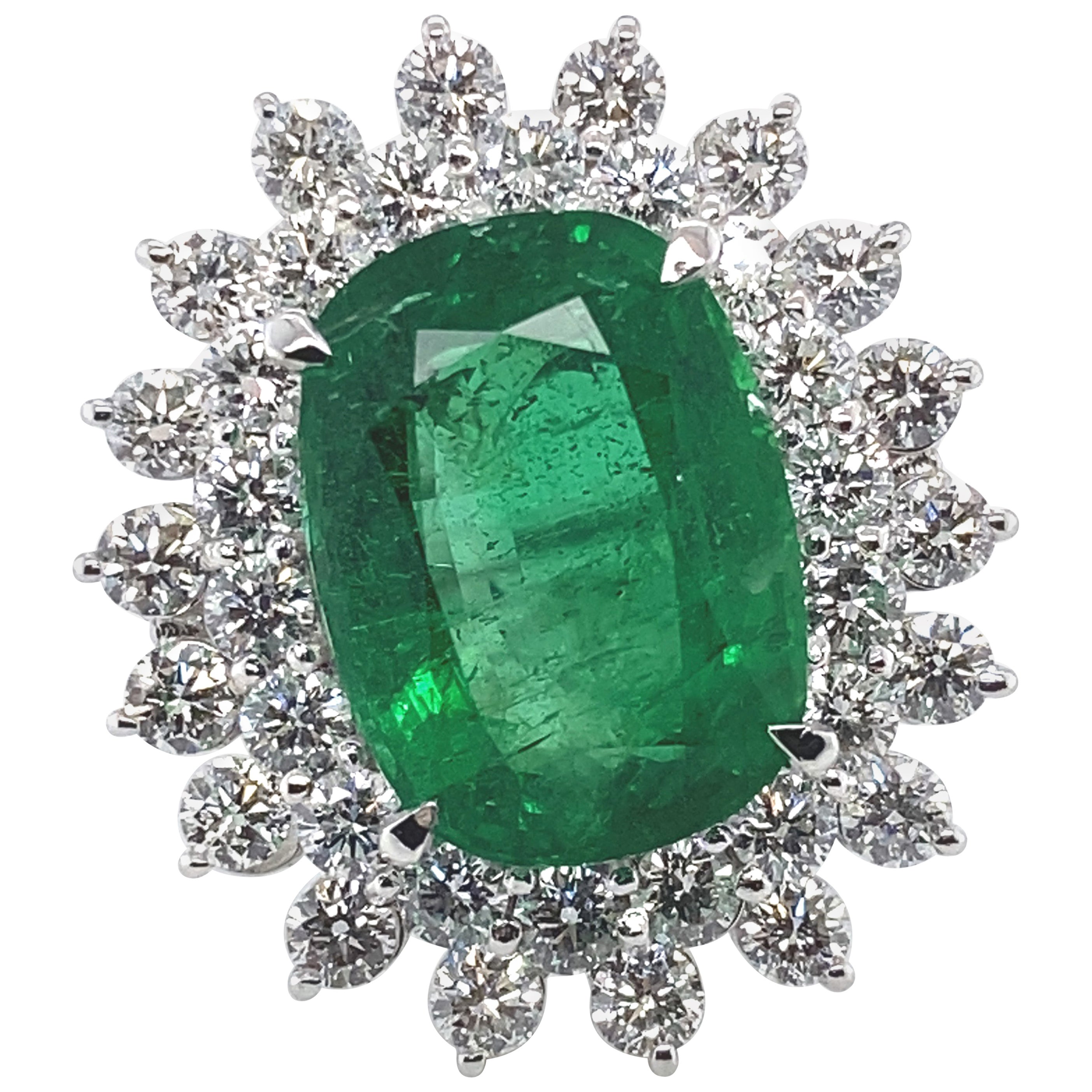 GIA Certified 9.37 Carat Natural Zambian Emerald and Diamond Double Halo Ring For Sale