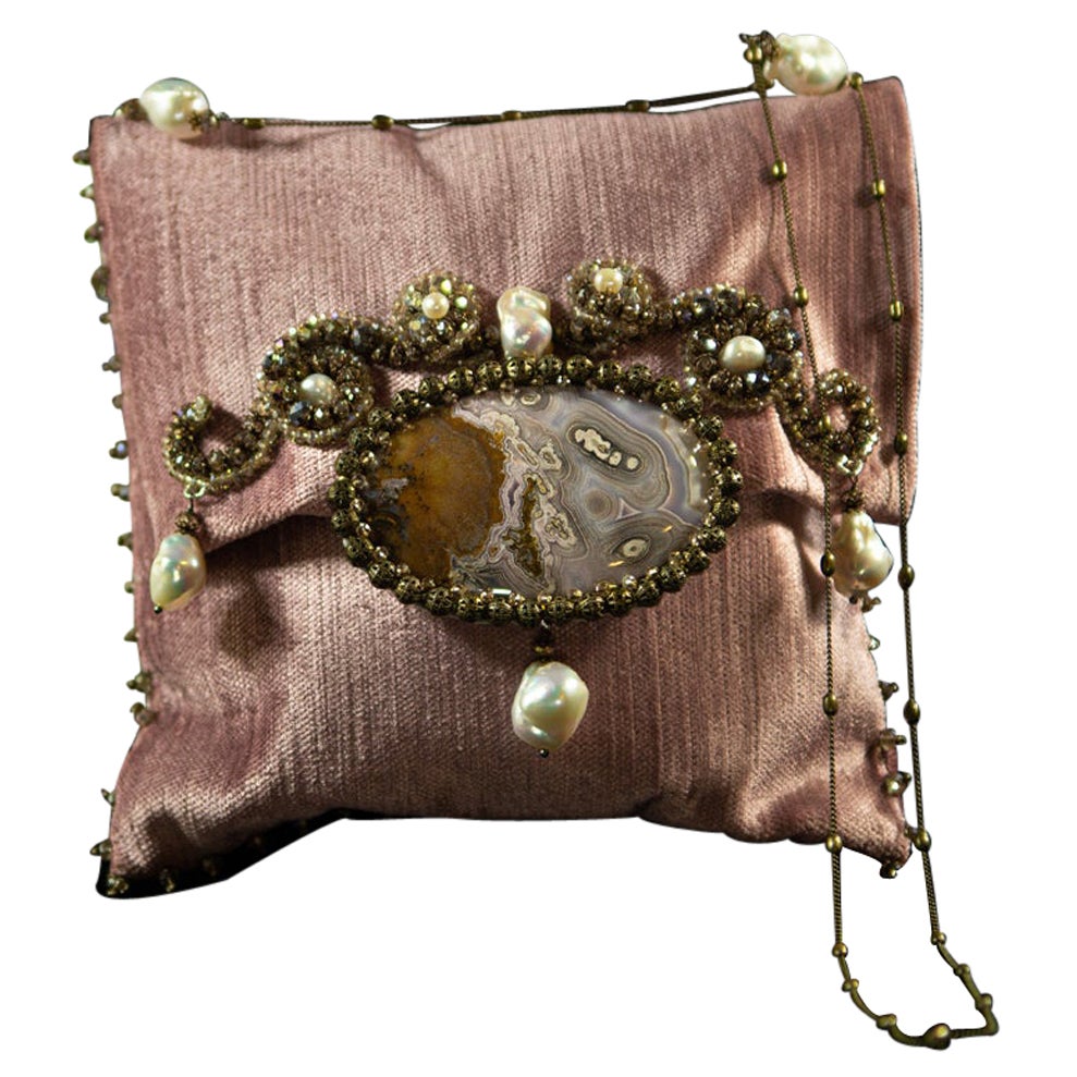 Handmade Pink Velvet Bag with Agate, Pearls and Quartz