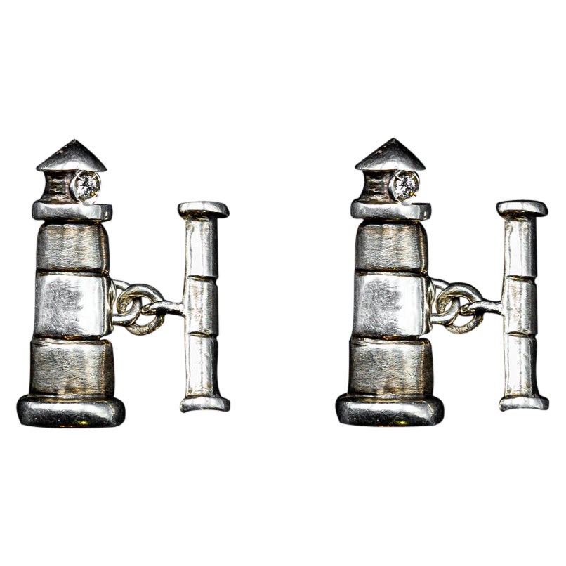 Handmade 925 Silver Lighthouse Shaped Cufflinks with 0, 04 Ct Small Diamonds For Sale