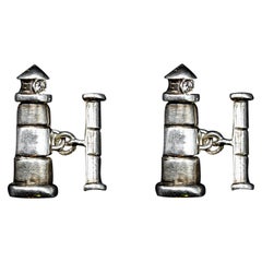 Handmade 925 Silver Lighthouse Shaped Cufflinks with 0, 04 Ct Small Diamonds