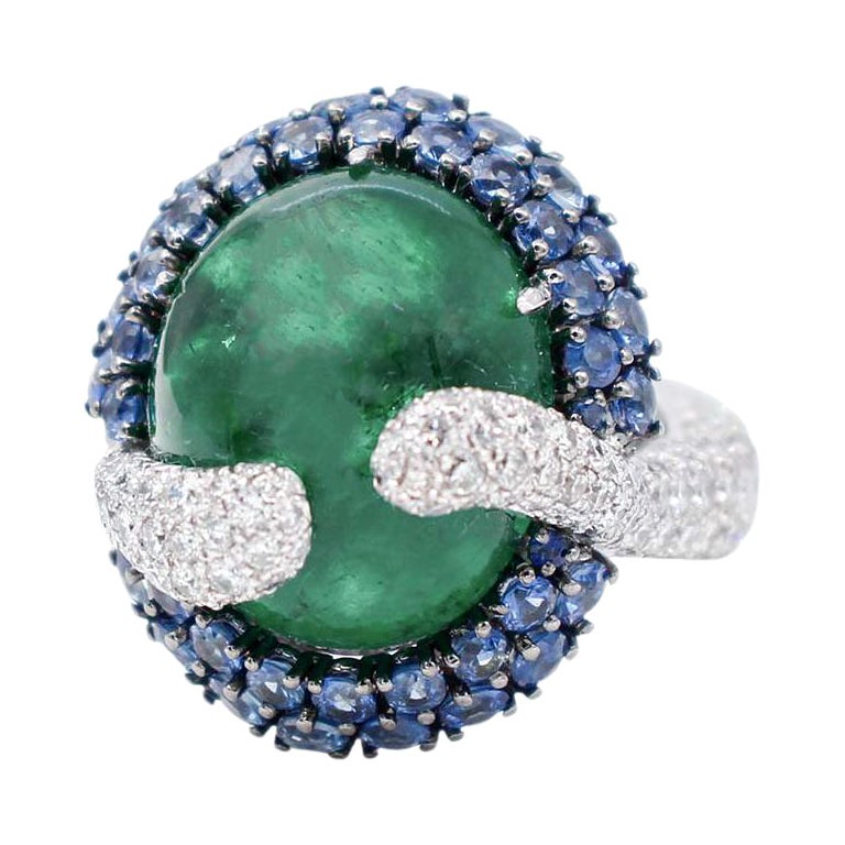 Emeralds, Sapphires, White Diamonds 18 Karat White Gold Cluster Ring For Sale