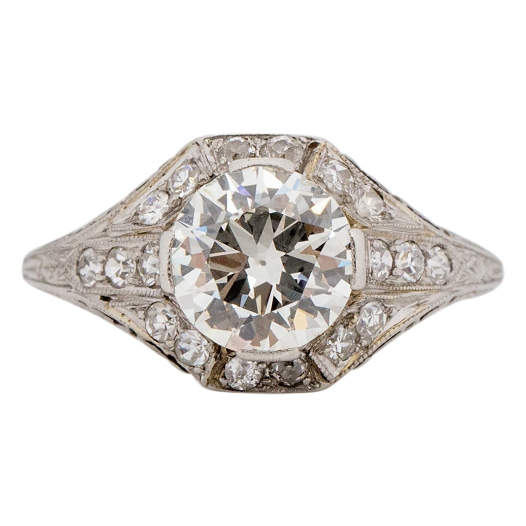 Dated 1924 Art Deco Platinum 1.55Ct Diamond, Filigree Detailed Engagement Ring