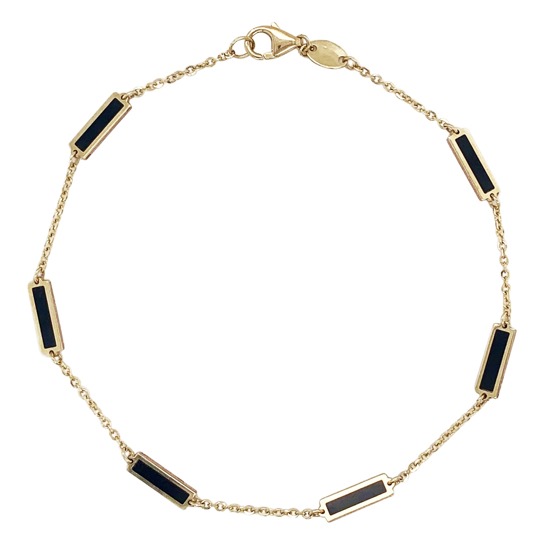14k Yellow Gold & Black Onyx Station Bar Bracelet For Sale