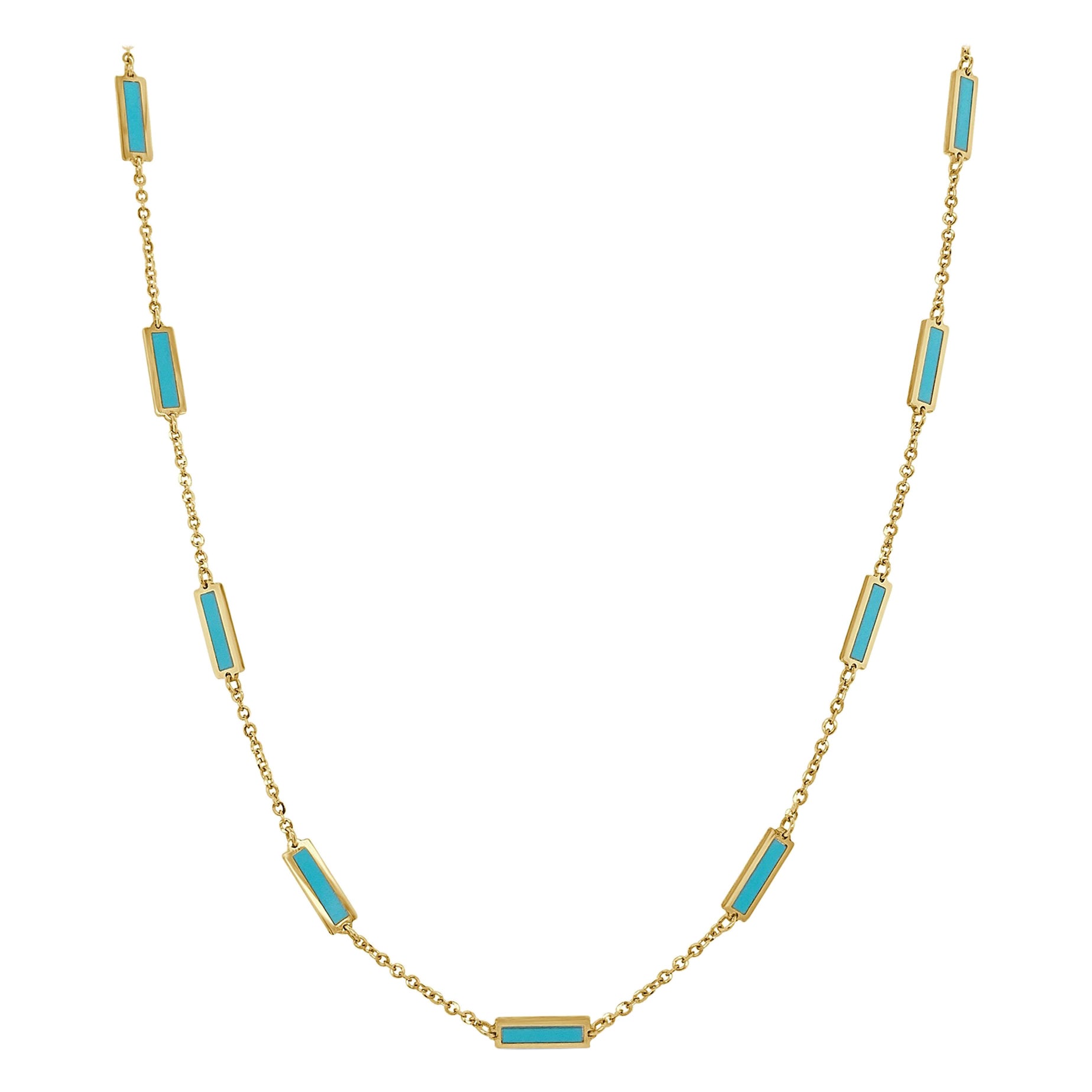 14k Yellow Gold and Turquoise Inlay Station Bar Necklace For Sale at 1stDibs