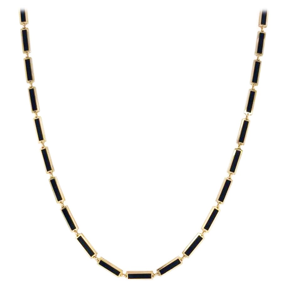14k Yellow Gold & Black Onyx Station Bar Necklace For Sale