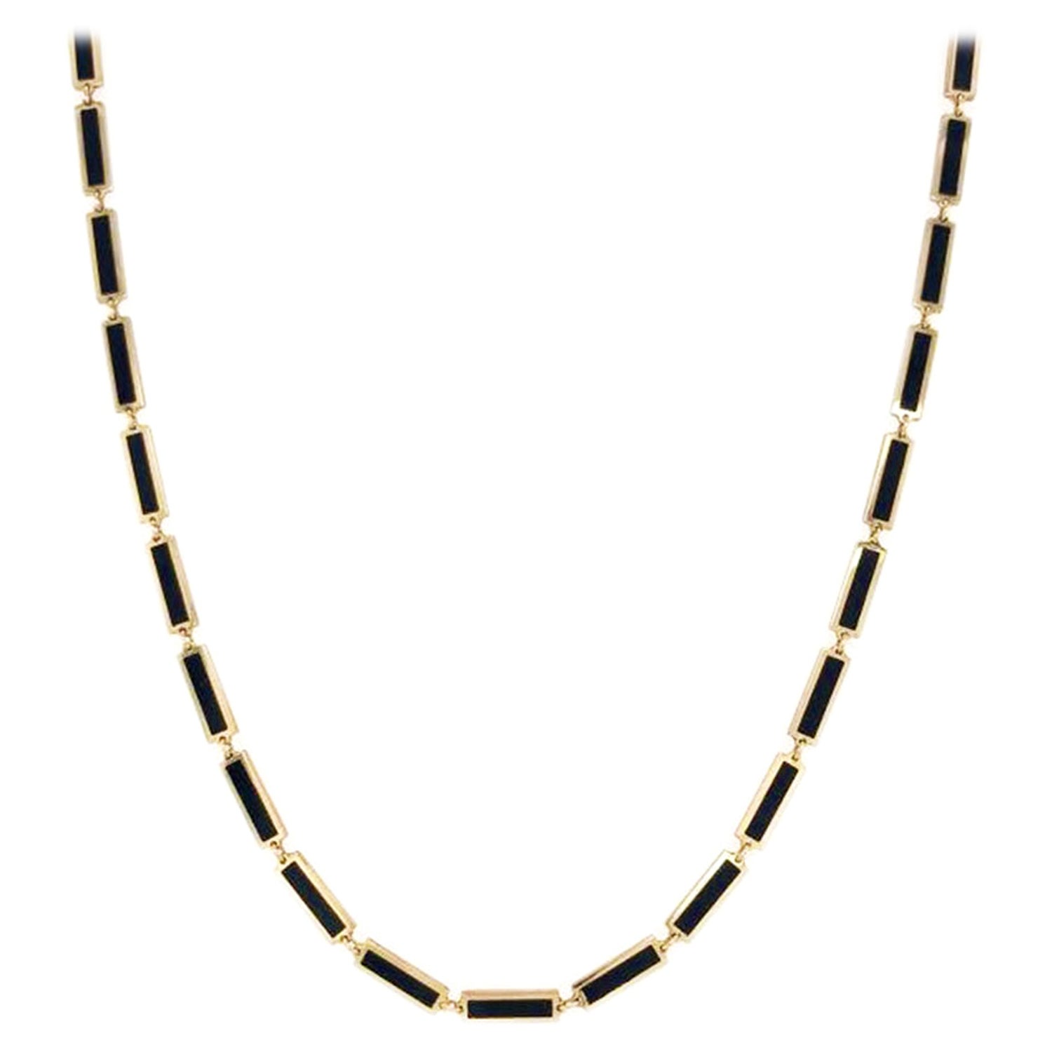 14k Yellow Gold and Black Onyx Station Bar Necklace For Sale at 1stDibs