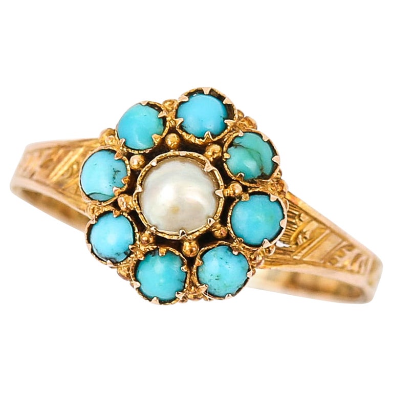 Victorian 15ct Yellow Gold Turquoise and Pearl Cluster, Circa 1890 For ...