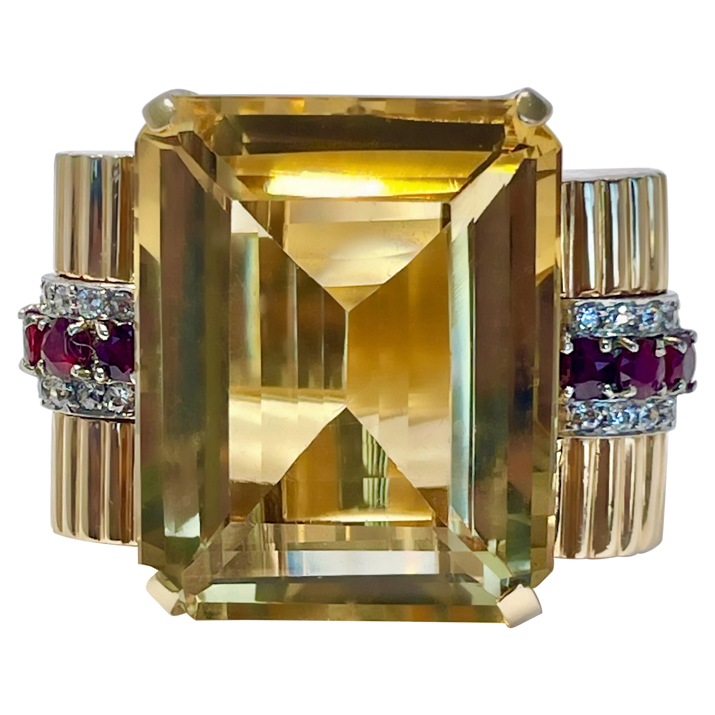 Huge Retro Period 14k Gold, Golden Citrine, Diamond and Natural Ruby Ring