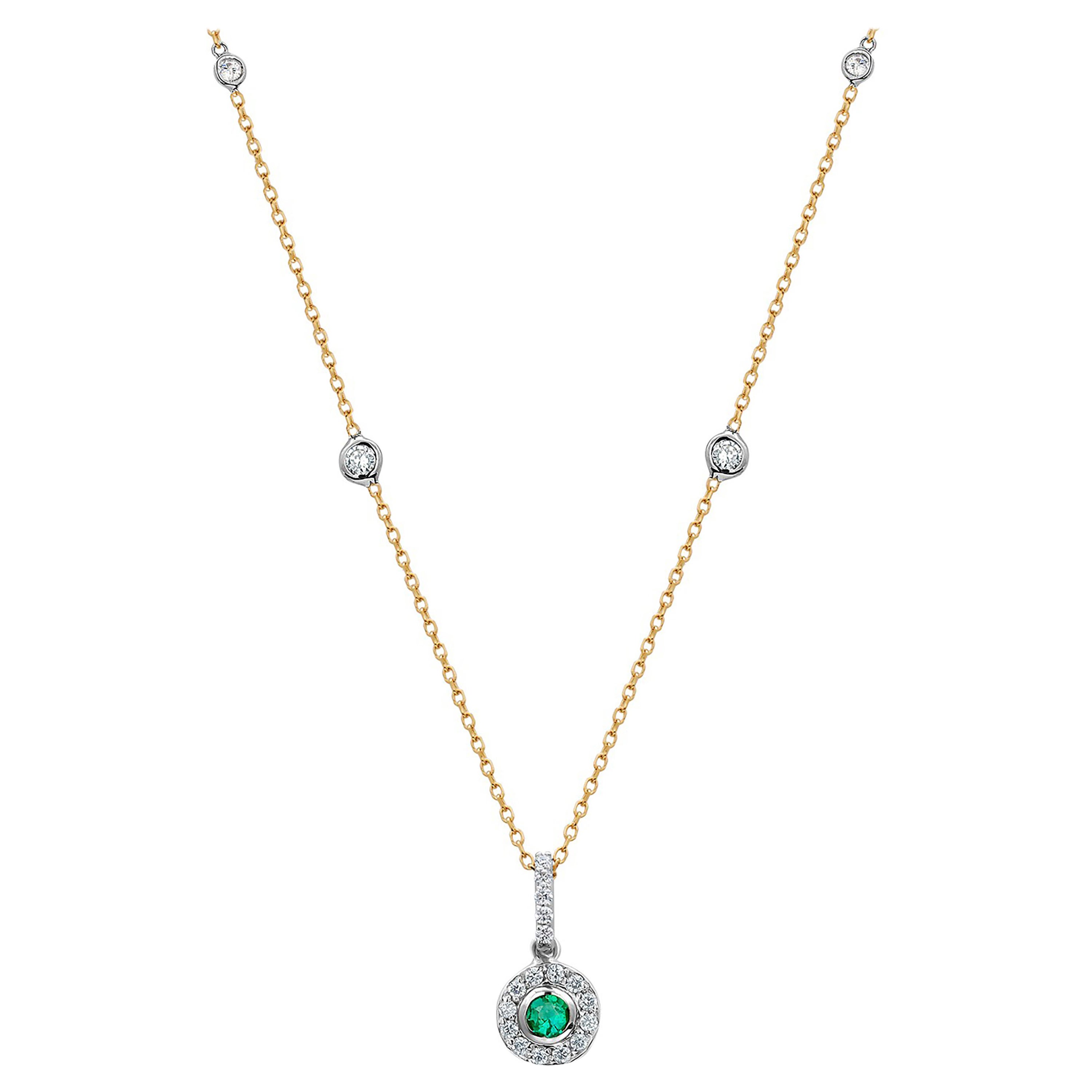 Emerald and Diamond Gold Drop Layered Necklace Pendant with Diamond Stations