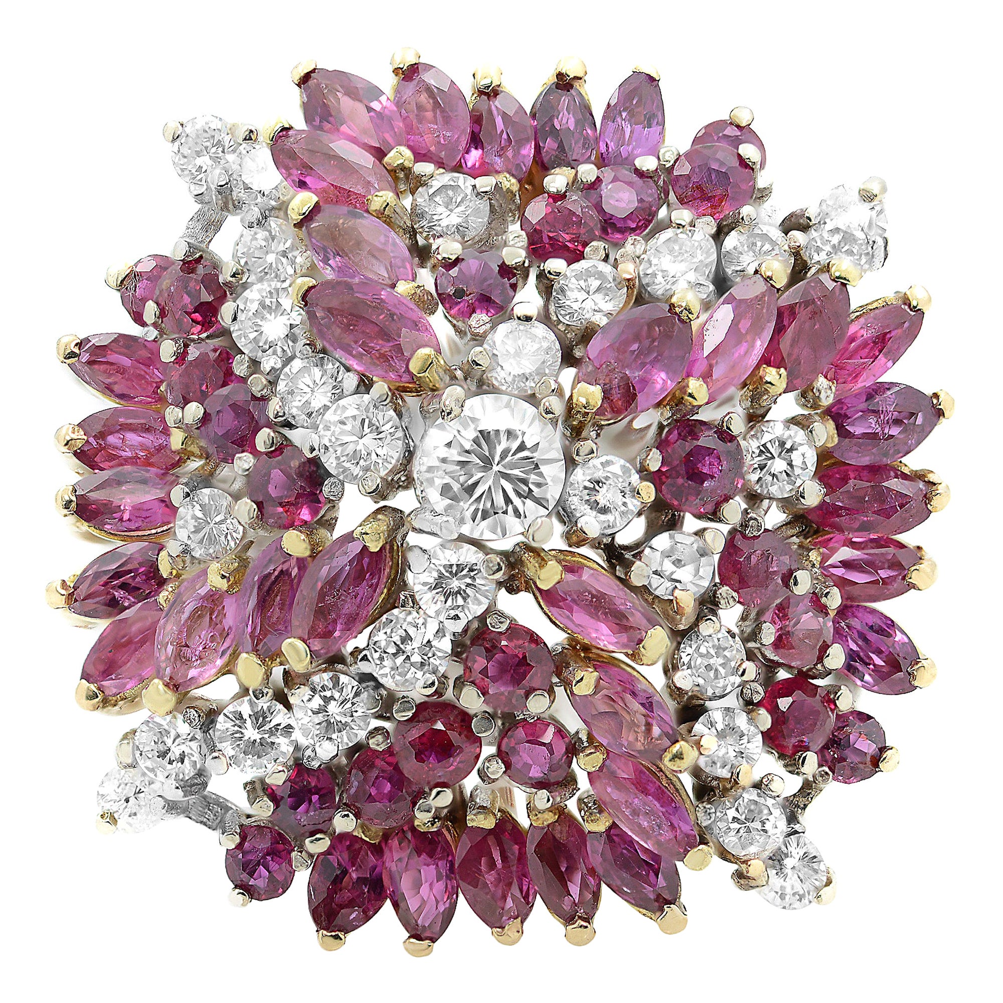 Vintage 14K White & Yellow Gold Diamond & Ruby Cocktail Ring For Sale