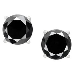 2.91 Carat Total Round Black Diamond Solitaire Stud Earrings in 14 K White Gold