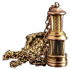 Antique 9 Karat Gold Miners Lamp Pendant, Seal, Gold Necklace