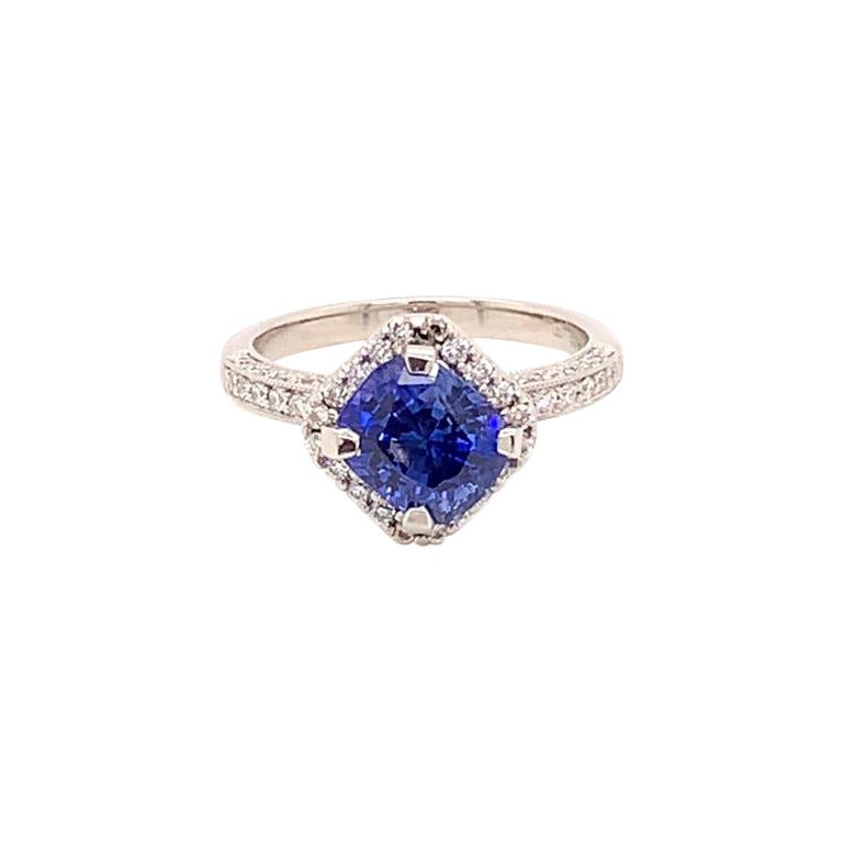 2.56 Carat Cushion Cut Blue Sapphire and Diamond Ring in Platinum For Sale