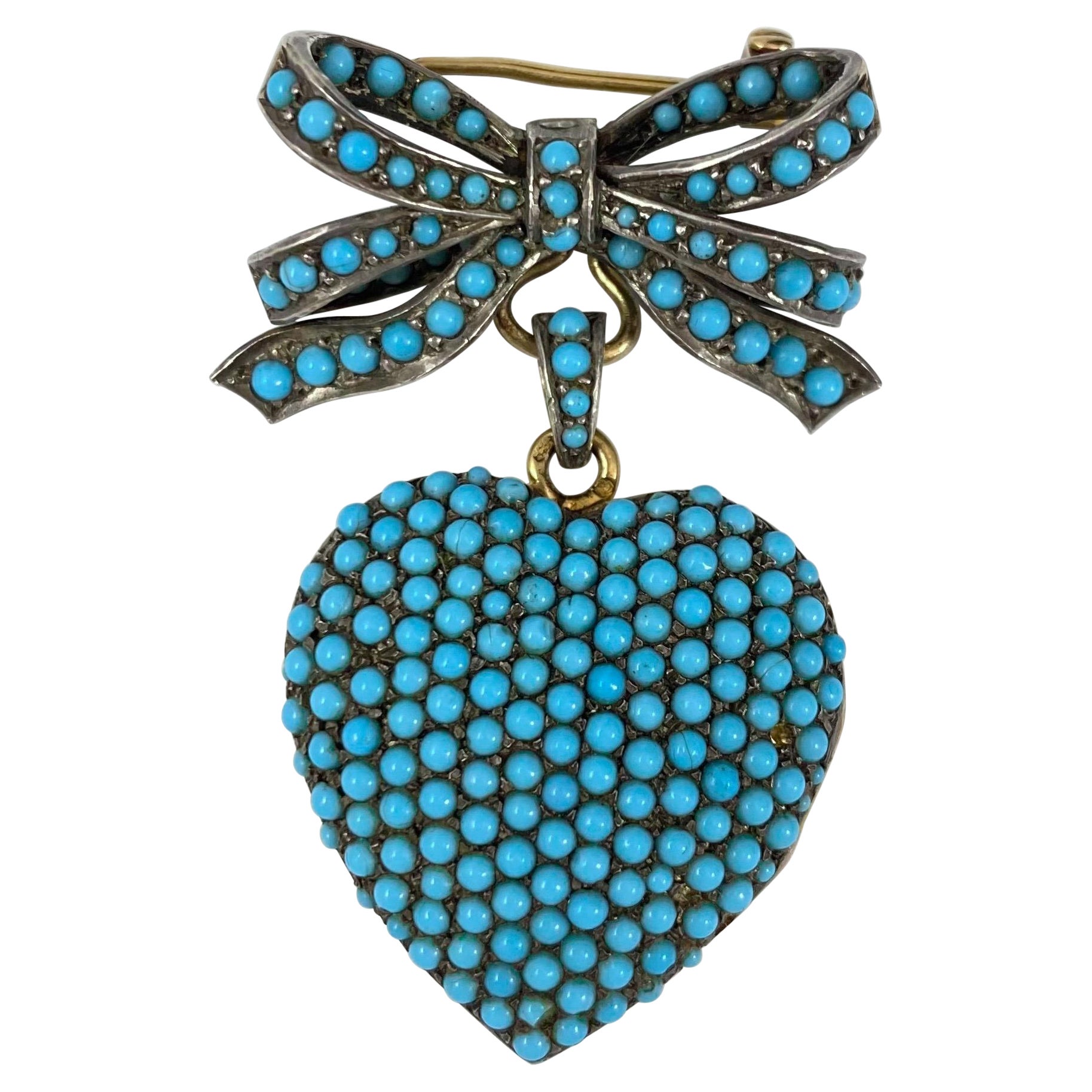 Mid-Century Persian Turquoise Heart Bow Ribbon Locket Brooch/Pendant Yellow Gold