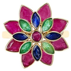 Tri-Color Ruby Emerald Sapphire Floral Ring, 18K Yellow Gold