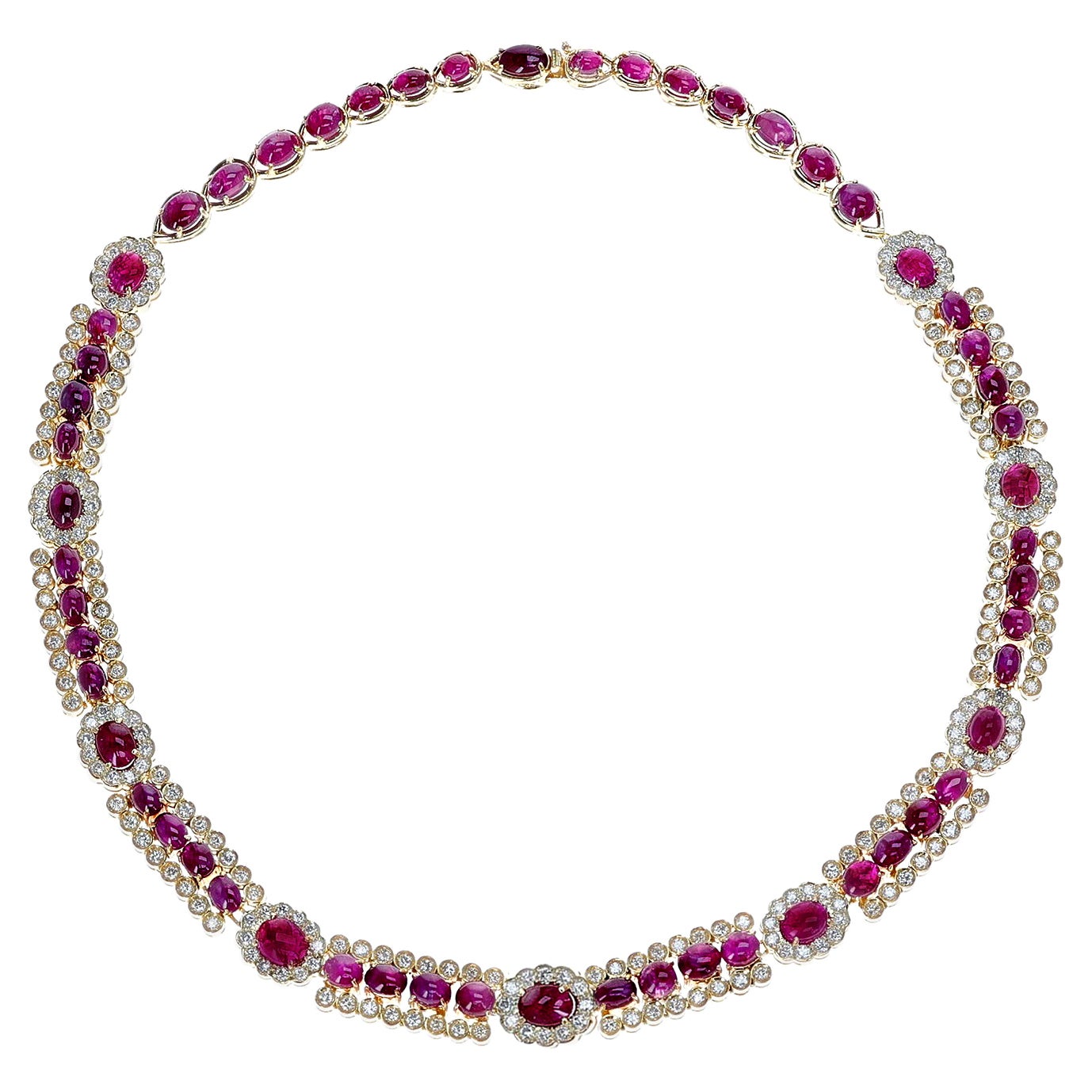 Unheated 56 Burma Star Ruby Cabochon and Diamond Necklace, Part of Set For Sale