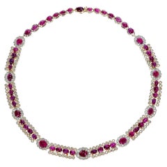 Vintage Unheated 56 Burma Star Ruby Cabochon and Diamond Necklace, Part of Set