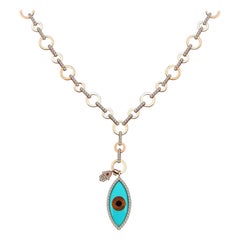 Turquoise Evil Eye Mini Hamsa Hand Diamond Charms 18K Rose Gold Link Necklace