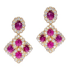 Unheated 10 Burma Star Ruby Cabochon and Diamond Earrings, Part of Set  