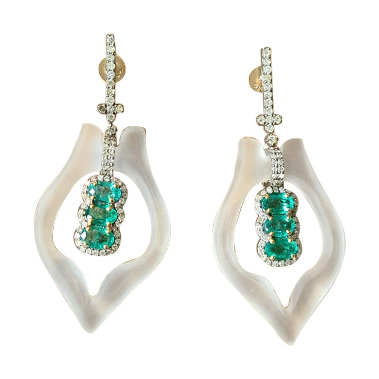 Crystal, Emerald & Diamond Dangle Victorian Earrings Set in 14K Gold & Silver