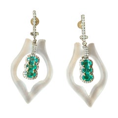 Crystal, Emerald & Diamond Dangle Victorian Earrings Set in 14K Gold & Silver