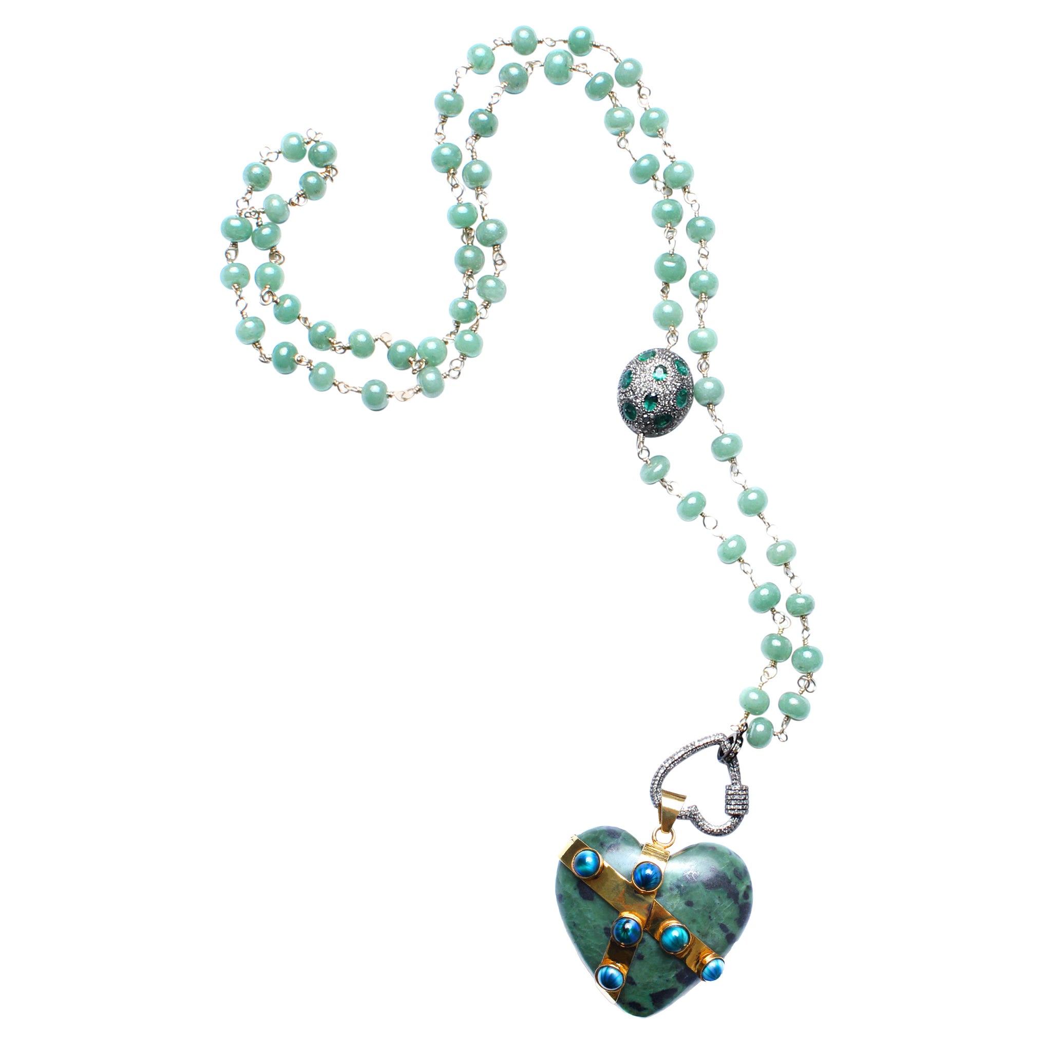 Clarissa Bronfman Agate Emerald Jade Chalcedony 14k Gold Heart Rosary Necklace For Sale
