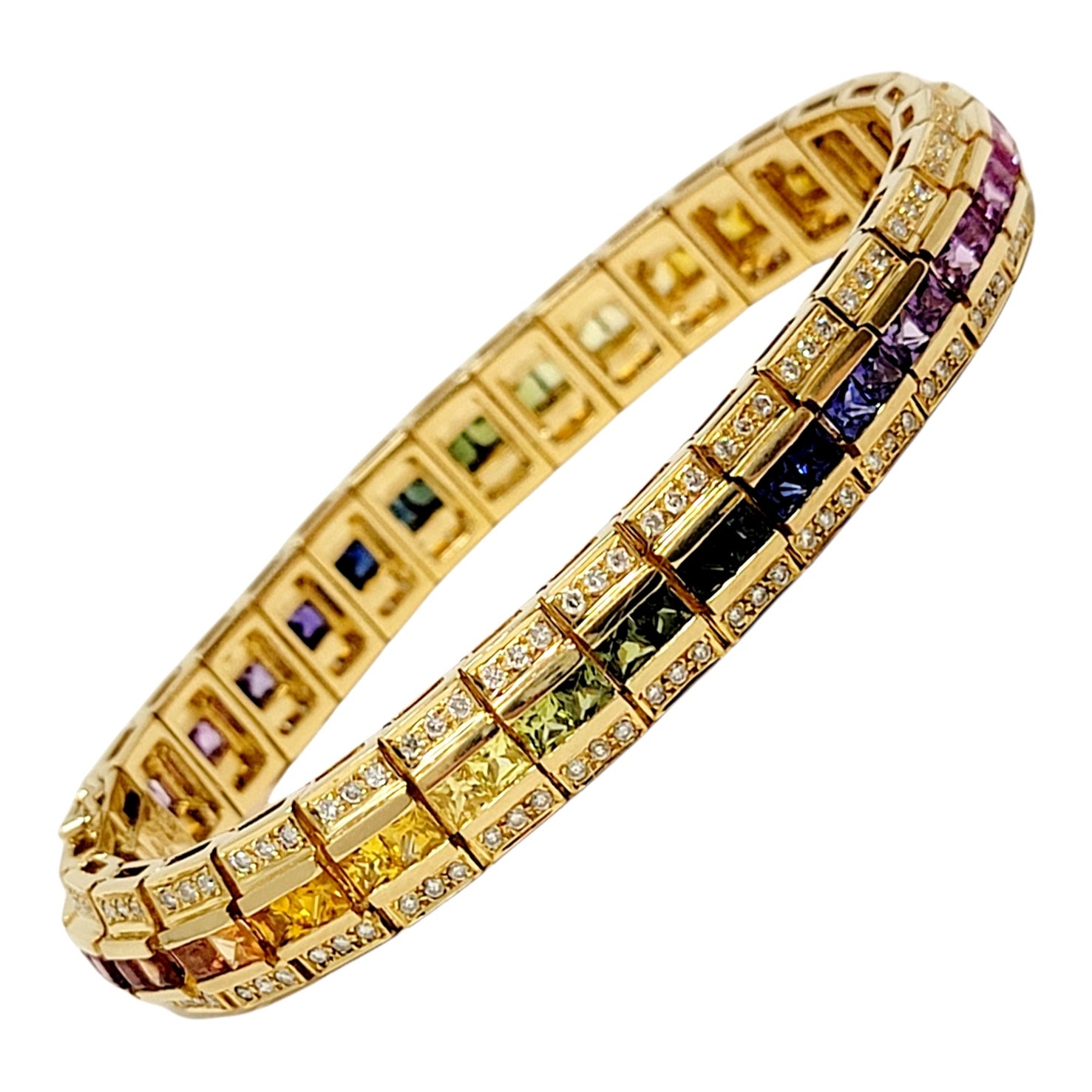 Diamond and Multi-Colored Sapphire Rainbow Link Bracelet 18 Karat Yellow Gold For Sale